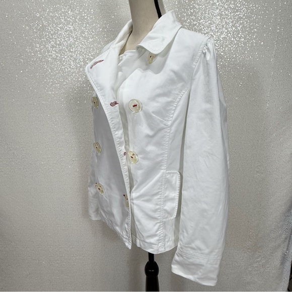 Old Navy White Double-Breasted Cotton Jacket with Red Stitching – Size Large - Picture 7 of 13